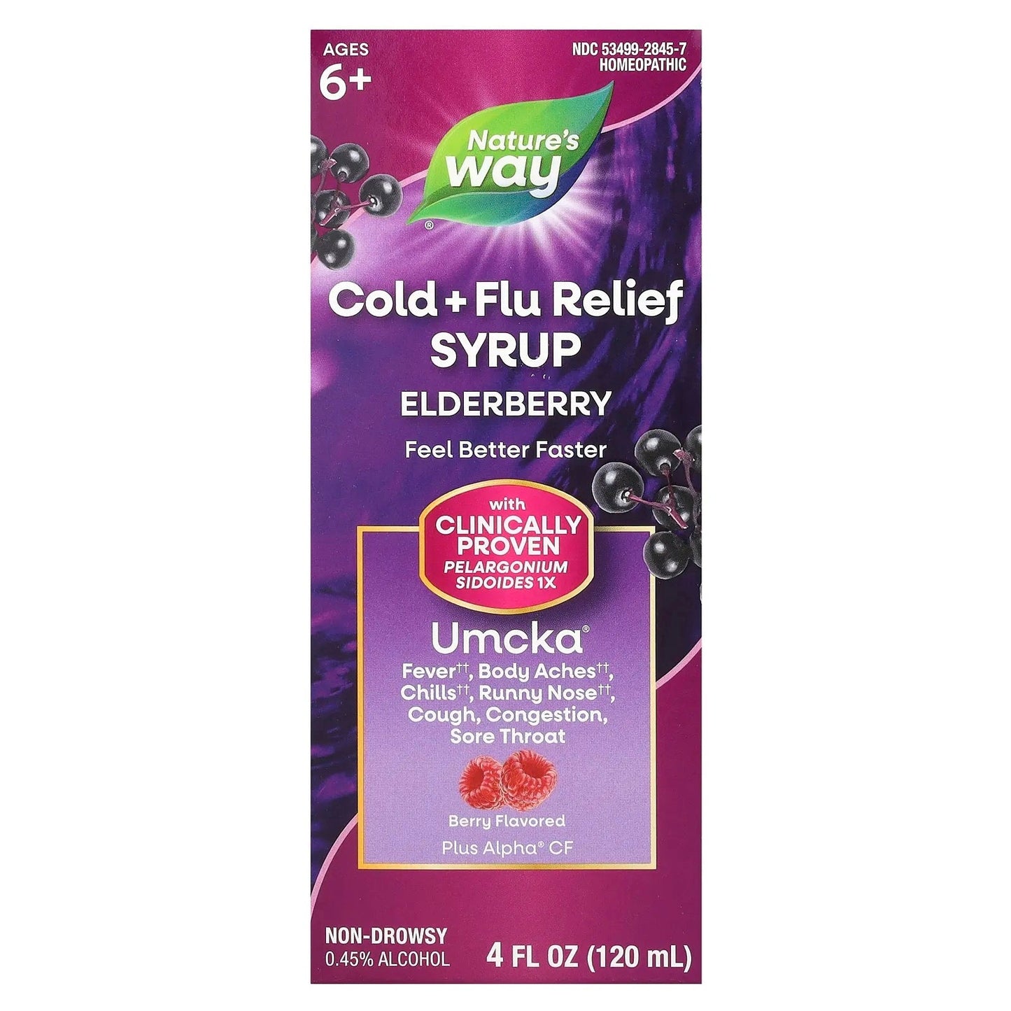 Nature's Way
Cold + Flu Relief Syrup, Elderberry, Umcka®, Ages 6+, Berry, 4 fl oz (120 ml)