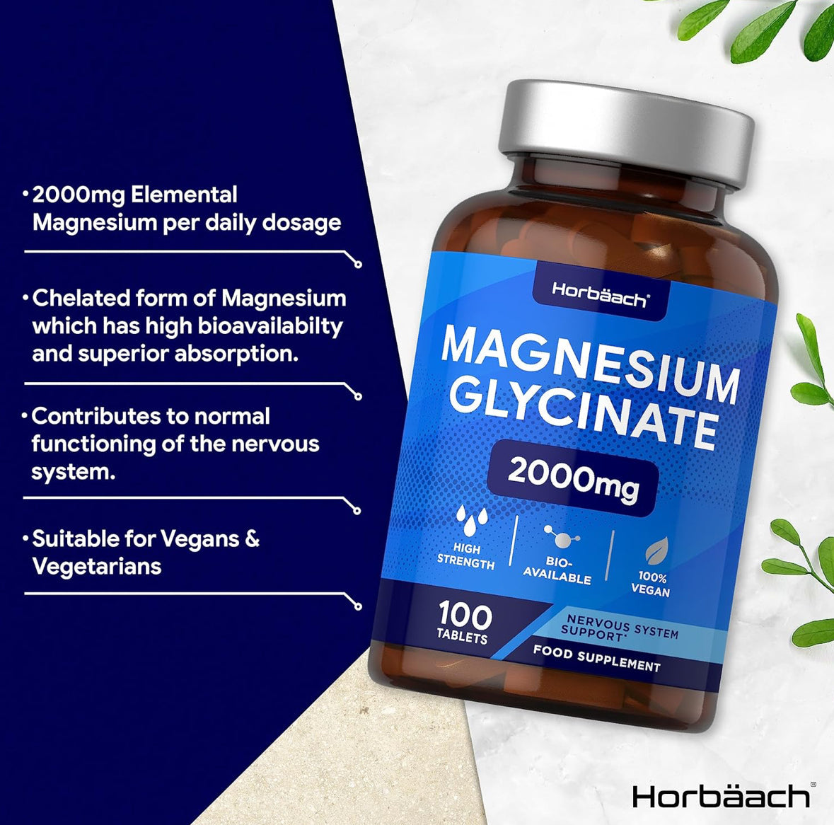 HORBÄACH MAGNESIUM GLYCINATE 2000MG, 100 TABLETS
