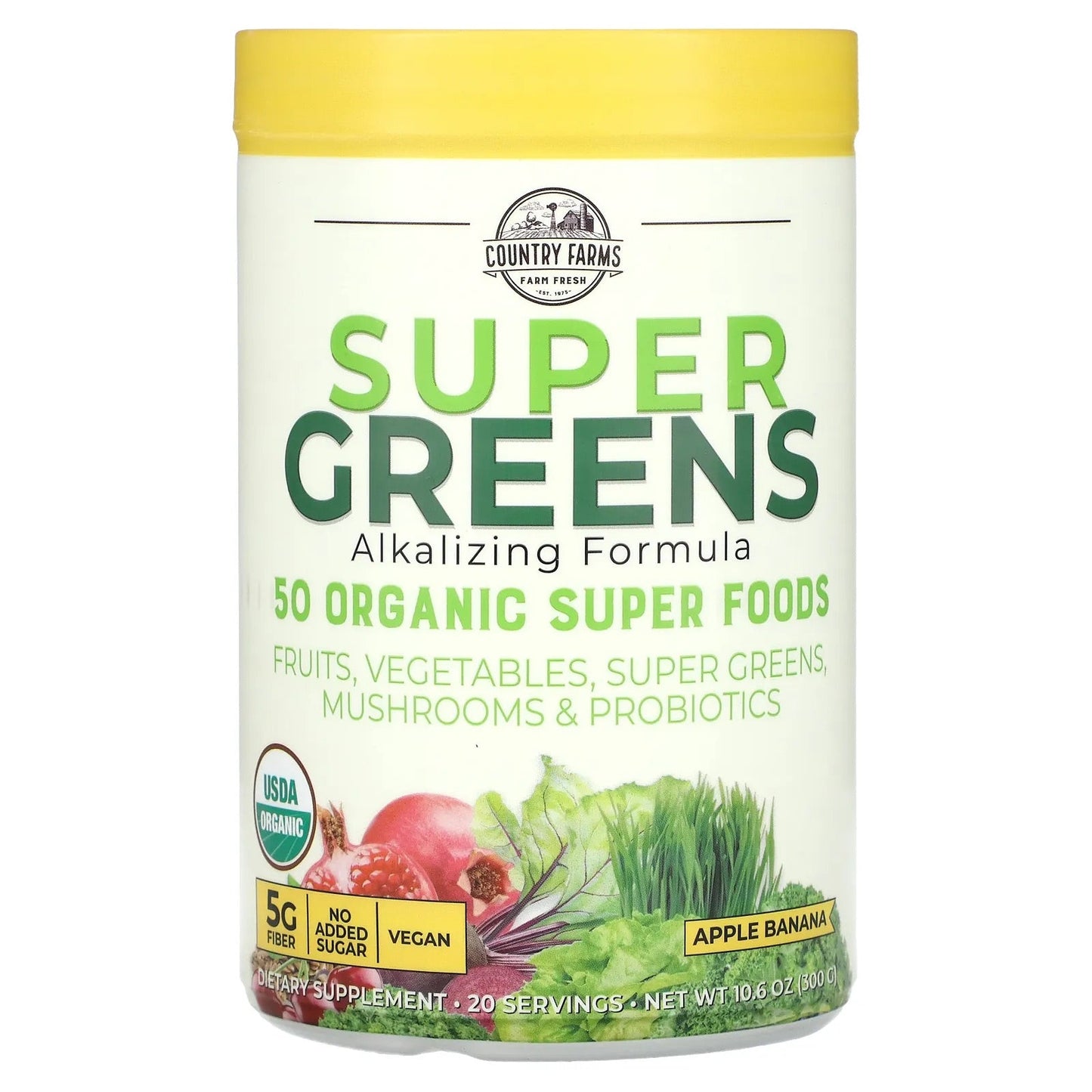 Pre-Order | Arrives in 5–10 Days – Country Farms
Super Greens, Alkalizing Formula, Apple Banana, 10.6 oz (300 g)