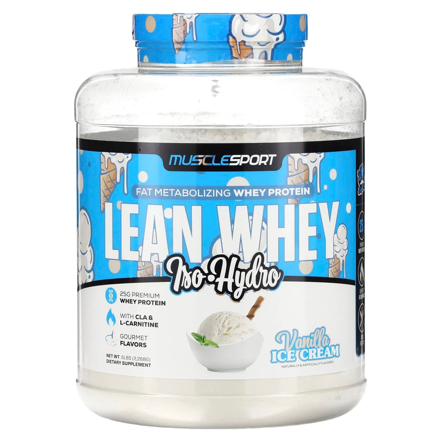 MuscleSport
Lean Whey, Iso-Hydro, Vanilla Ice Cream, 5 lbs (2,268 g)