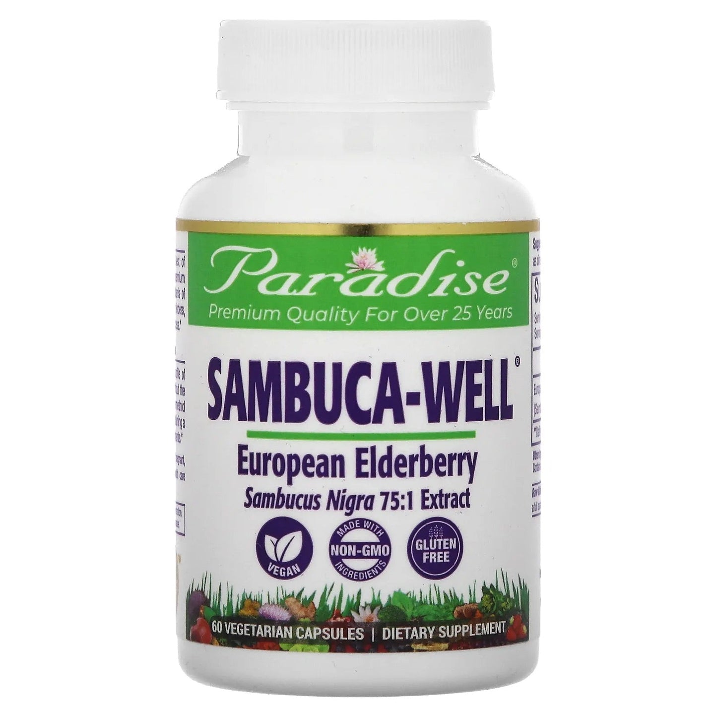 Pre-Order | Arrives in 5–10 Days – Paradise Herbs
Sambuca-Well, European Elderberry, 60 Vegetarian Capsules