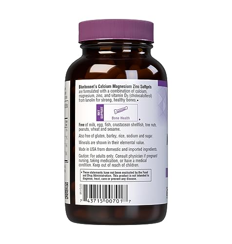 Bluebonnet Nutrition Calcium Magnesium Zinc Plus Vitamin D3, 1000 mg of Calcium, 500 mg of Magnesium and 15 mg of Zinc, 400IU Vitamin D3, For Strong Healthy Bones*, Gluten-Free, Dairy-Fee, 120 softgel