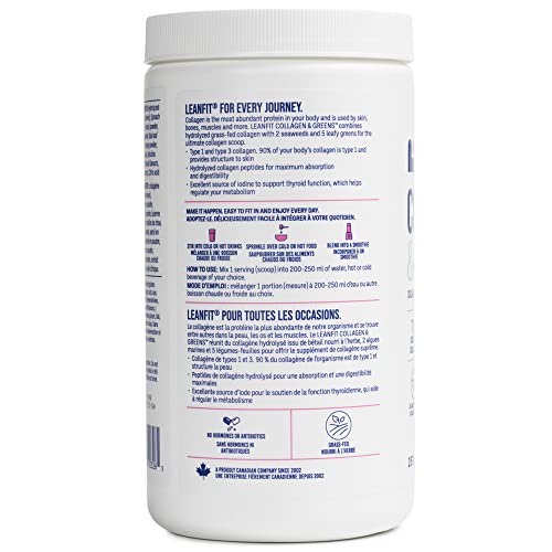LEANFIT COLLAGEN & GREENS, Tropical Mango - 7g Grass-Fed Bovine Collagen (Type I, III) + 2 Seaweeds + 5 Leafy Greens Per Serving - 25 Servings, 257g Tub