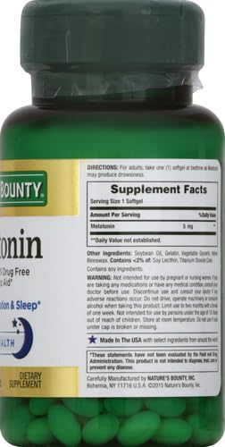 Nature's Bounty Melatonin, 100% Drug Free Sleep Aid, Dietary Supplement, Promotes Relaxation and Sleep Health, 5mg, 90 Softgels