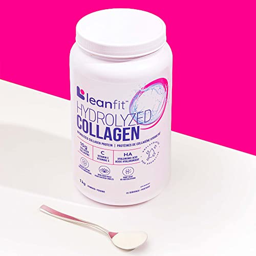 LEANFIT HYDROLYZED COLLAGEN™ Unflavoured – 10g Grass-Fed Bovine Collagen (Type I, III) + Vitamin C + Hyaluronic Acid Per Serving, 98 Servings, 1kg Tub for healthy skin, hair, bones, joints & immunity