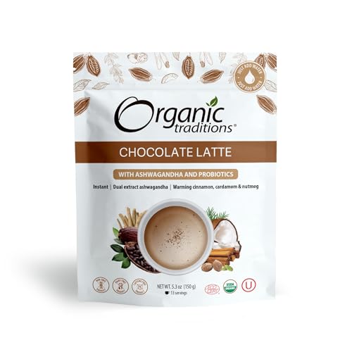 Organic Traditions Superfood Chocolate Latte – Creamy Coconut Milk Base - Dual Extract Ashwagandha – Easy to Mix - Sweetened with Coconut Palm Sugar – 1 Billion Probiotics per Serving - 150g/ 5.3oz Bag