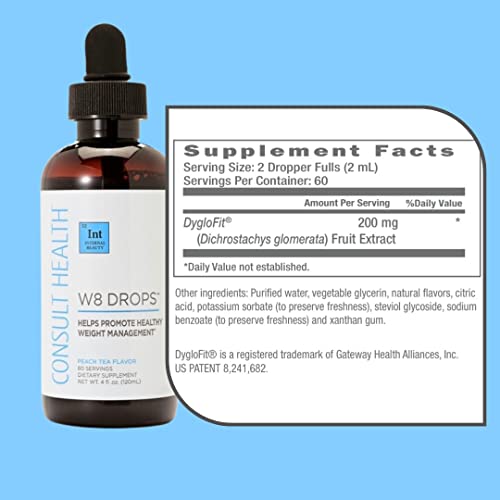 Pre-Order | Arrives in 5–10 Days – Consult Health W8 Drops – Helps Promote Healthy Weight Management - Peach Tea Flavor – 60 Servings 4 fl. oz. (1pack)
