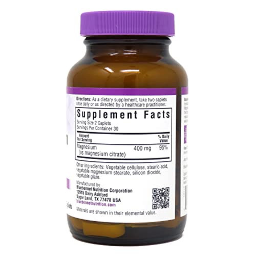 Bluebonnet Nutrition Magnesium Citrate (400mg of Magnesium)- Maximum Absorption - Supports Immune Health & Energy Production - Soyfree, Gluten-Free, Non-GMO, Kosher, Dairy Free, Vegan, 60 Caplets