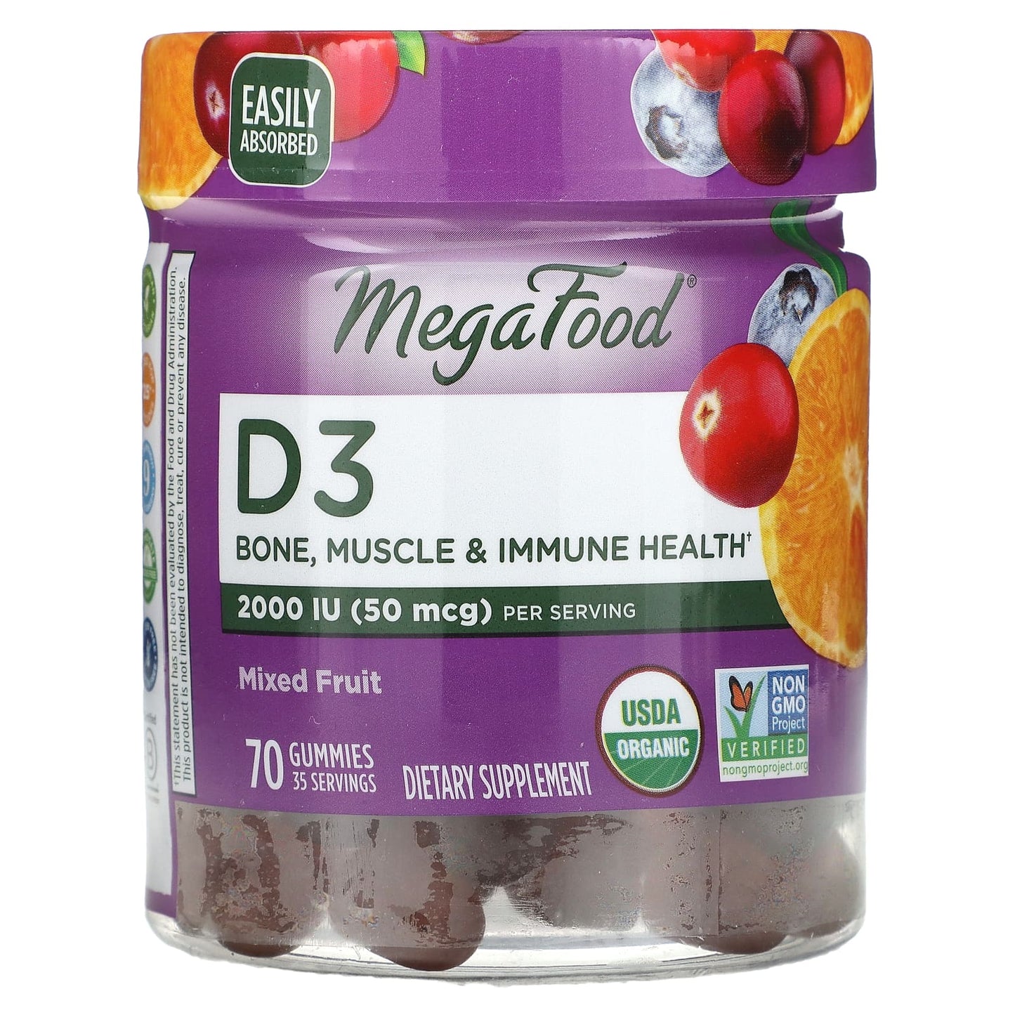 MegaFood
D3, Mixed Fruit, 50 mcg (2,000 IU), 70 Gummies (25 mcg (1,000 IU) per Gummy)