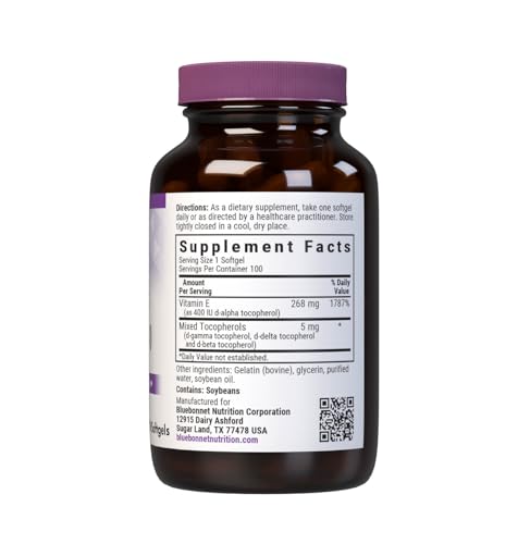 Bluebonnet Nutrition Vitamin E 400 IU (268 mg) Mixed Tocopherols Softgels, Free Radical Portection & Cardiovascular Support, Gluten-Free, Dairy-Free, Softgels, Servings, 100 Count