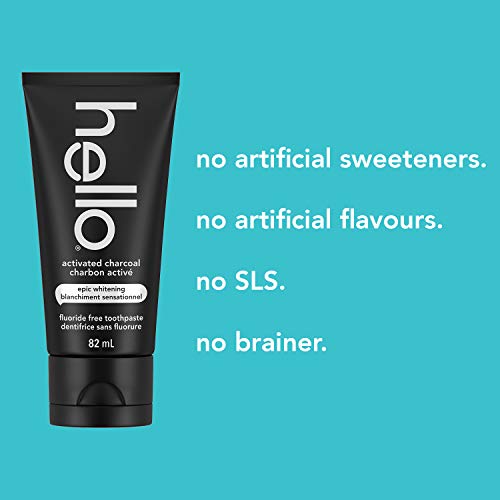 Hello Activated Charcoal Epic Teeth Whitening Fluoride Free Toothpaste, Fresh Mint and Coconut Oil, Vegan, SLS Free, Gluten Free and Peroxide Free, 82 mL
