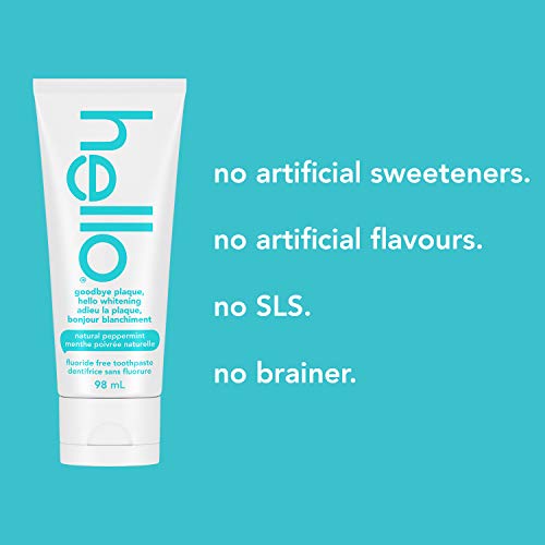 Hello Goodbye Plaque Hello Whitening Fluoride Free Toothpaste, Natural Peppermint with Tea Tree and Coconut Oil, Vegan, SLS Free, Gluten Free and Peroxide Free, 98 mL