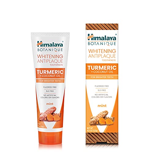 Himalaya Botanique Whitening Antiplaque Toothpaste with Turmeric + Coconut Oil for Brighter Teeth, Fluoride Free & SLS Free, Vegan, 113 g (4 oz), 2 Pack