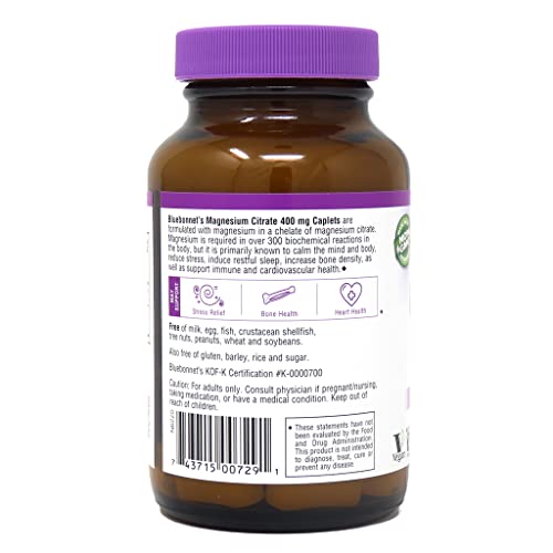 Bluebonnet Nutrition Magnesium Citrate (400mg of Magnesium)- Maximum Absorption - Supports Immune Health & Energy Production - Soyfree, Gluten-Free, Non-GMO, Kosher, Dairy Free, Vegan, 60 Caplets