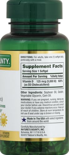Nature's Bounty Vitamin D3, Immune and Bone Support, 5000IU, Rapid Release Softgels, 150 Ct (Pack of 2)