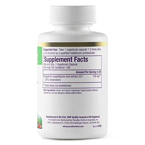 Paradise Herbs Resveratrol, Antioxidant, Super Potent, Ultra Pure, Vegan, Non GMO, Gluten Free, 180 Vegetarian Capsules