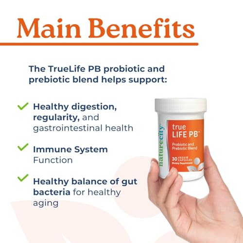 NatureCity True-Life-PB Shelf Stable Blend Prebiotics and Probiotics for Women and Men - Digestive Gut Health Supplements for Women and Men - Dairy Free - (30 Veggie Capsules)