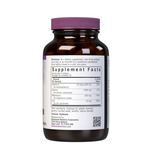 Pre-Order | Arrives in 5–10 Days – Bluebonnet Nutrition Calcium Magnesium Zinc Plus Vitamin D3, 1000 mg of Calcium, 500 mg of Magnesium and 15 mg of Zinc, 400 IU Vitamin D3, For Strong Healthy Bones*, Gluten-Free, Dairy-Fee, 60 softgel