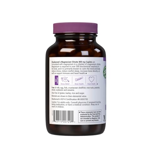 Bluebonnet Nutrition Magnesium Citrate (400mg of Magnesium)- Maximum Absorption - Supports Immune Health & Energy Production - Soyfree, Gluten-Free, Non-GMO, Kosher, Dairy Free, Vegan, 60 Caplets