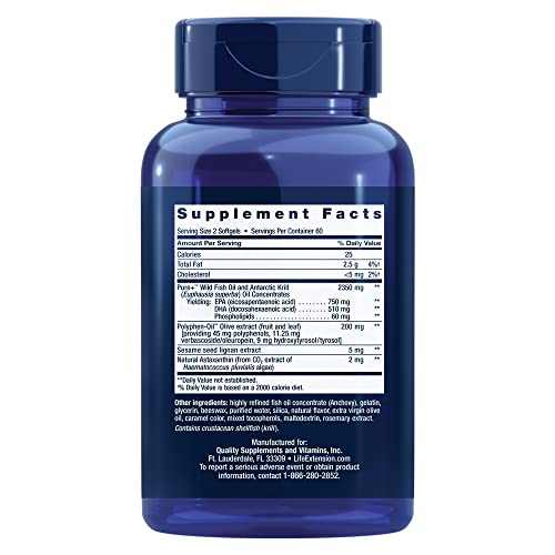 Life Extension Super Omega-3 Plus EPA/DHA Fish Oil, Sesame Lignans, Olive Extract, Krill & Astaxanthin - Heart, Brain & Joint Health Support - Gluten-Free, Non-GMO - 120 Softgels