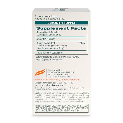 Himalaya Ginkgo Biloba, Herbal Supplement for Memory & Mental Sharpness, Vegan, Gluten Free, 120 mg Ginkgo Leaf Extract, 60 Capsules