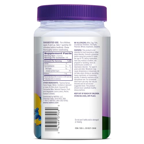 Natrol Kids Melatonin 1 mg, Dietary Supplement for Restful Sleep, Melatonin Gummies for Kids, 140 Raspberry-Flavored Gummies, Up to a 140 Day Supply