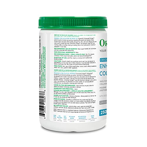 Organika Enhanced Collagen Peptides Protein Powder For Healthy Hair, Skin, Nails, Joints - Hydrolyzed For Better Absorption - Non-GMO - Unflavoured 250g