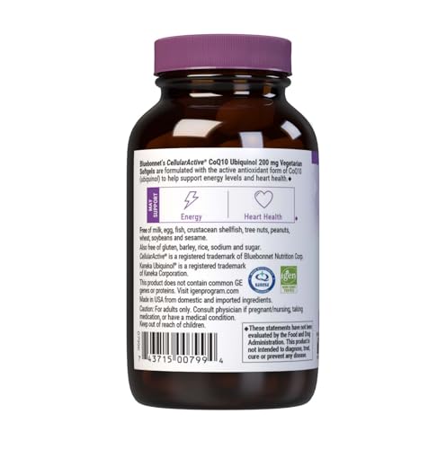 Bluebonnet Nutrition Active CoQ10 Ubiquinol 200mg Vegetarian Softgels, Heart & Cellular Health, Non GMO, Gluten, Soy & Milk Free, White, 60 Count
