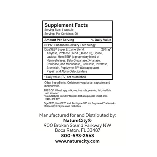 NatureCity True-EZ-D Non-GMO Digestive Enzyme Complex Supplement for Digestive Health and Bloating Relief for Men and Women (90 Veggie Capsules) Super Enzymes
