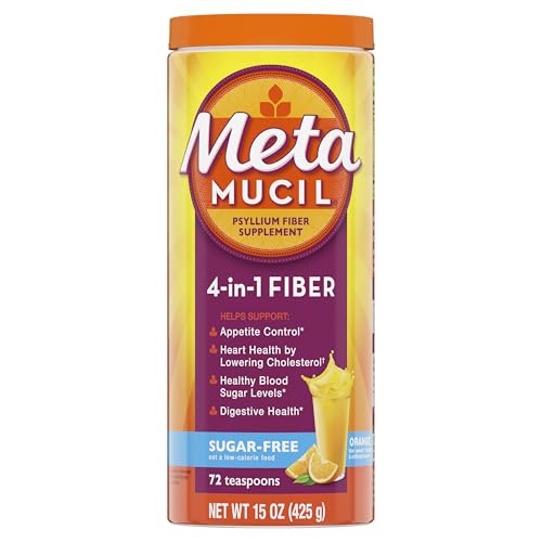 Metamucil 4 in 1 Daily Fiber Supplement Powder, Fiber Powder for Digestive Health and Regularity*, Sugar-Free, Orange, Naturally Sourced Psyllium Fiber, 72 teaspoons