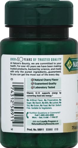 Nature's Bounty Vitamin B12 2500 mcg, Cellular Energy Support, For Energy Metabolism, Heart & Nervous System Health, 75 Quick Dissolve Tablets