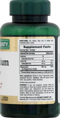 Nature's Bounty Magnesium, Whole Body Support, Supports Heart, Nerve and Bone Health. 400 mg, 75 Softgels