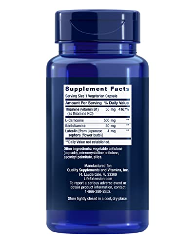 Life Extension Super Carnosine 500mg - For Muscle Recovery - L-Carnosine Supplement with Benfotiamine, Vitamin B1, Luteolin For Healthy Aging - Non-GMO, Gluten-Free - 60 Vegetarian Capsules