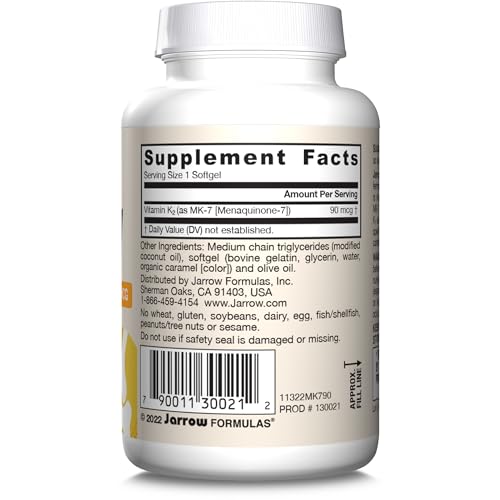 Jarrow Formulas MK-7 90 mcg - Bioactive Form of Vitamin K2 - 90 Servings (Softgels) - For Bone & Cardiovascular Health - Vitamin K2 MK-7 Dietary Supplement - K2 Vitamin Supplement MK-7 - Gluten Free