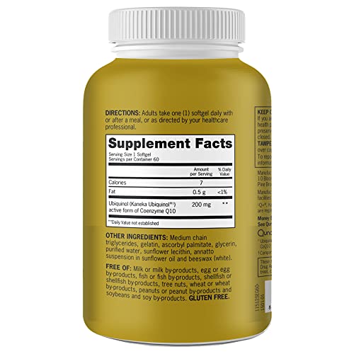 Qunol Ubiquinol CoQ10 200mg Softgels, Powerful Antioxidant for Heart and Vascular Health, Essential for Energy Production, Natural Supplement Active Form of CoQ10, 60ct Softgels