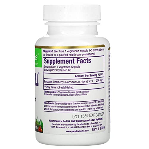 Paradise Herbs Sambuca-Well, Sambucas Nigra, European Elderberry 50:1 Extract, Super Potent, Ultra Pure, Vegan, Non GMO, Gluten Free, 60 Vegetarian Capsules