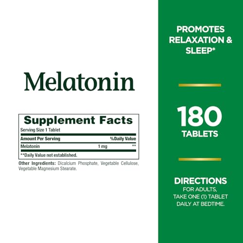 Nature's Bounty Melatonin, 100% Drug Free Sleep Aid, Promotes Relaxation and Sleep Health, 1mg, 180 Tablets (Pack of 2)