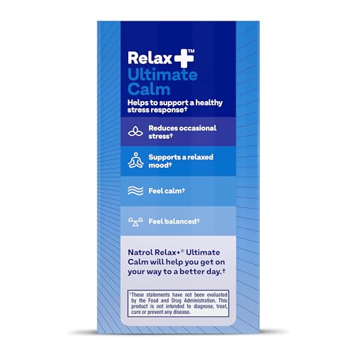 Natrol Relax+ Ultimate Calm with Ashwagandha, 5-HTP, L-Theanine and Lemon Balm, Drug-Free Dietary Supplement Helps Reduce Occasional Stress & Tension, 30 Capsules, 30 Day Supply