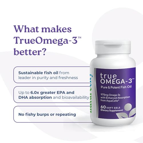 NatureCity True-Omega-3 975mg Omega-3 Fish Oil Supplements with Enhanced Absorption from AquaCelle for Heart, Brain & Joint Support (60 SoftGels) Burpless Fish Oil Pills