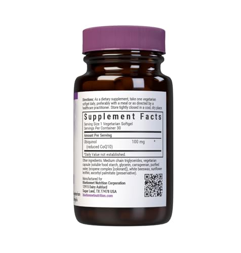 Bluebonnet Nutrition Cellular Active CoQ10 Ubiquinol 100 mg, Energy & Heart Health*, Non-GMO, Gluten-Free, Soy-Free, Vegetarian Friendly, 30 Vegetable Softgels, 30 Servings