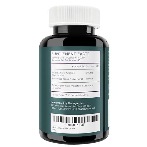 Neurogan NAD+ with Resveratrol Capsules 1:1 Ratio - 1200mg Per Serving, 90 Ct - Cellular Health & Healthy Aging Supplements, Energy & Immune Support - Nicotine Adenine Dinucleotide NAD+ Supplement