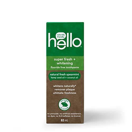 Hello Vegan Fluoride Toothpaste, Moisturizing Hemp Seed Oil + Coconut Oil, Super Fresh Family Farmed Spearmint, Naturally Whitening Toothpaste, Helps Remove Plaque, 82ml