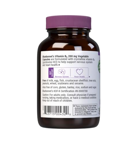 Bluebonnet Nutrition Vitamin B6 Vegetable Capsules, 200 mg, For Cardiovascular and Nervous System Health, Soy Free, Gluten Free, Kosher, Dairy Free, Vegan, Non-GMO, 90 Vegetable Capsules, 90 Servings