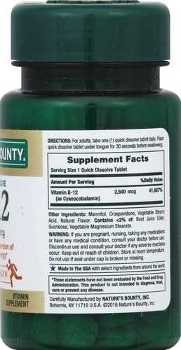 Nature's Bounty Vitamin B12 2500 mcg, Cellular Energy Support, For Energy Metabolism, Heart & Nervous System Health, 75 Quick Dissolve Tablets