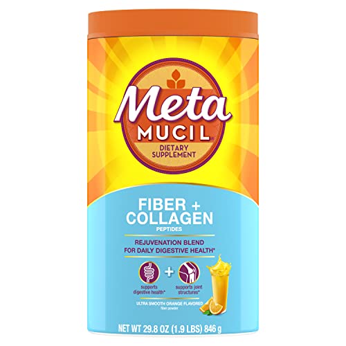 Metamucil Daily Fiber + Collagen, Psyllium Husk Powder, Plant Based, Sugar-Free with Stevia, 3-in-1 Fiber for Digestive Health, Orange Flavored, 90 Doses (29.8 OZ Fiber Powder)