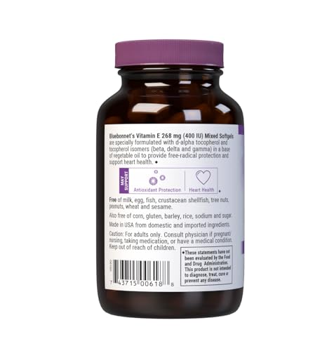 Bluebonnet Nutrition Vitamin E 400 IU (268 mg) Mixed Tocopherols Softgels, Free Radical Portection & Cardiovascular Support, Gluten-Free, Dairy-Free, Softgels, Servings, 100 Count
