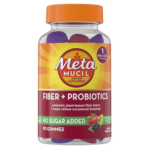 Metamucil Fiber Supplement Gummies with Probiotics for Bloating Relief, No Sugar Added Strawberry Kiwi BlackBerry Flavors, 5g Prebiotic Plant Based Fiber Blend, 90 Count