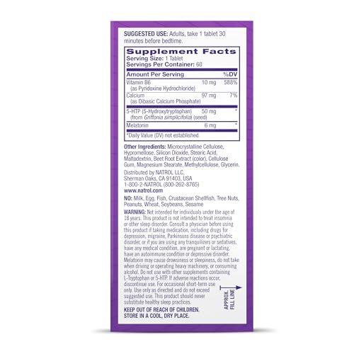 Natrol Advanced Sleep Melatonin + 5HTP, 6mg, Calming Sleep Aid for Restful Sleep, 60 Time-Release Tablets, 60-Day Supply