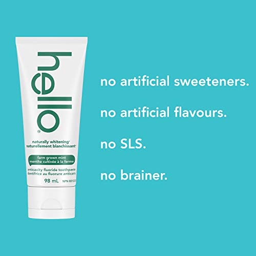 Hello Naturally Whitening Fluoride Toothpaste, Farm Grown Mint, Vegan, SLS Free, Gluten Free and Peroxide Free, 98 mL