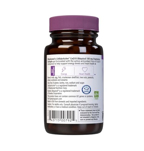 Bluebonnet Nutrition Cellular Active CoQ10 Ubiquinol 100 mg, Energy & Heart Health*, Non-GMO, Gluten-Free, Soy-Free, Vegetarian Friendly, 30 Vegetable Softgels, 30 Servings